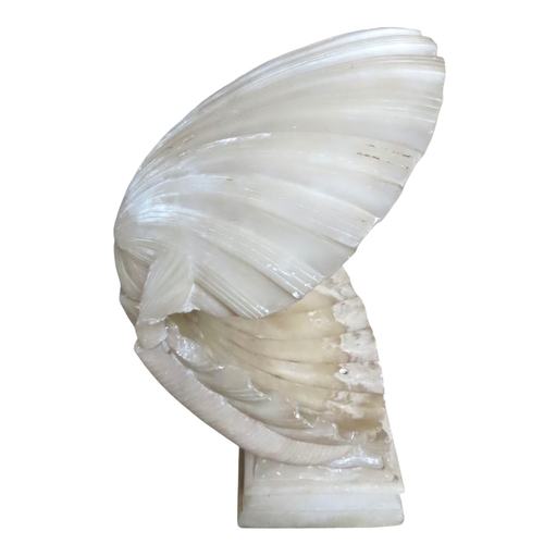 593 - A CARVED ALABASTER NEO-CLASSICAL STYLE FOUNTAIN, modelled as a open clam shell supported by opposing... 