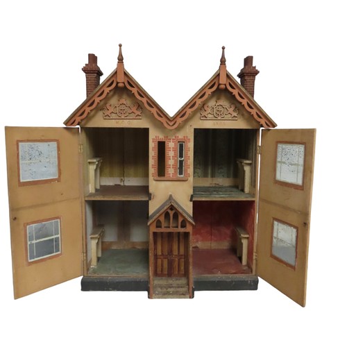 434 - AN EDWARDIAN DOLL'S HOUSE with bi-fold front, opening to reveal four rooms each with a fireplace, in... 