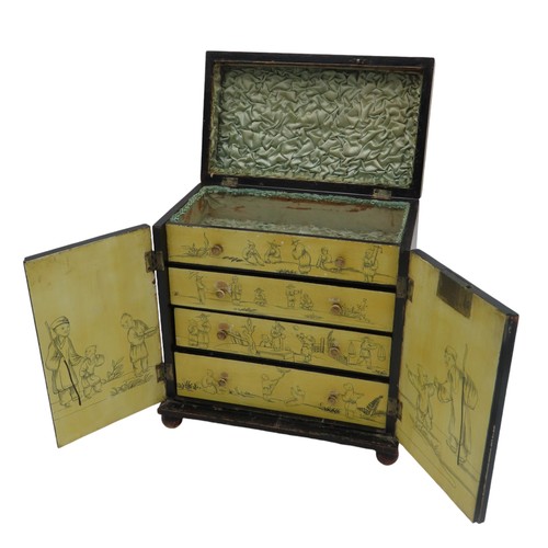 217 - A REGENCY PENWORK TABLE TOP CABINET, the hinged top decorated with a white hart and hounds reserved ... 