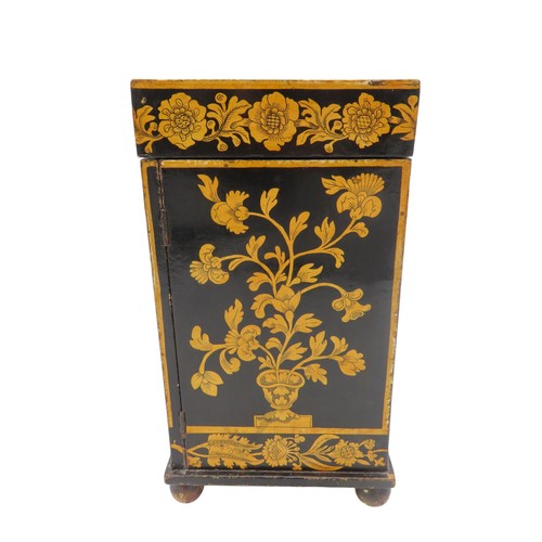 217 - A REGENCY PENWORK TABLE TOP CABINET, the hinged top decorated with a white hart and hounds reserved ... 