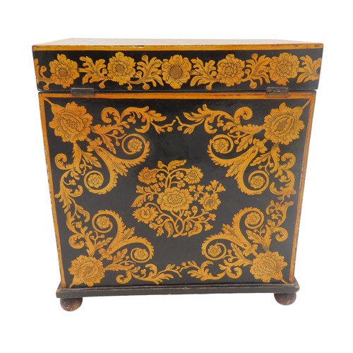 217 - A REGENCY PENWORK TABLE TOP CABINET, the hinged top decorated with a white hart and hounds reserved ... 