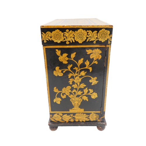 217 - A REGENCY PENWORK TABLE TOP CABINET, the hinged top decorated with a white hart and hounds reserved ... 