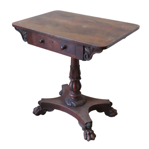 35 - A WILLIAM IV MAHOGANY LAMP TABLE, rectangular top over a single frieze drawer flanked by scrolling a... 