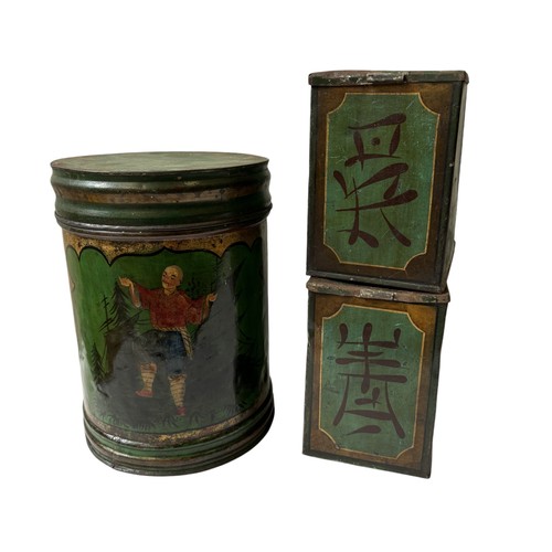 569 - A 19TH CENTURY TOLEWARE TEA CANNISTER AND TWO LIDDED TOLEWARE CADDIES, the drum  form cannister deco... 