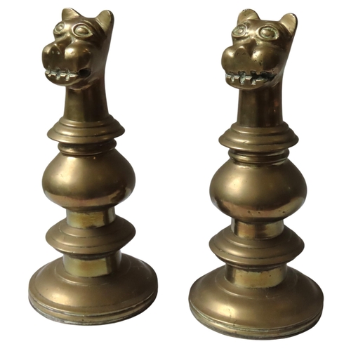 575 - A PAIR OF 19TH CENTURY LACQUERED BRONZE ZOOMORPHIC DOOR PORTERS, the knopped baluster stems surmount... 