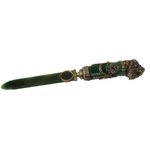 577 - AN ELEGANT PRESENTATION LETTER OPENER, 20TH CENTURY, the nephrite blade with a cylindrical form enam... 