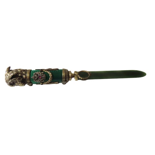 577 - AN ELEGANT PRESENTATION LETTER OPENER, 20TH CENTURY, the nephrite blade with a cylindrical form enam... 