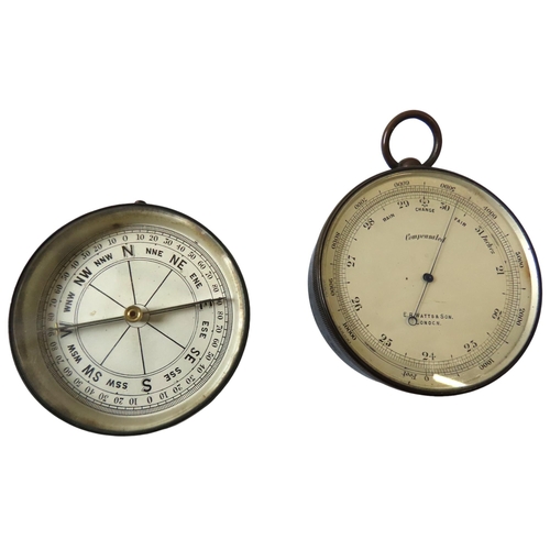 261 - A DUAL BAROMETER AND COMPASS BY E.B. WATTS AND SON, LONDON, opposing each other in a circular black ... 