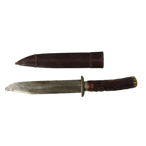 232 - A 19TH CENTURY WILKINSON ANTLER HANDLED BOWIE KNIFE, the blade marked 'Wilkinson Registered Trade Ma... 