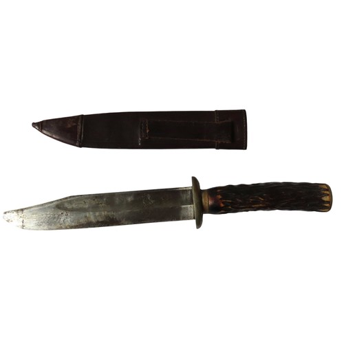 232 - A 19TH CENTURY WILKINSON ANTLER HANDLED BOWIE KNIFE, the blade marked 'Wilkinson Registered Trade Ma... 