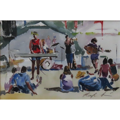 455 - MARILYN ALLIS (XX-XXI) WATER COLOUR OF LIVE BAND AND AUDIENCE, signed in lower right corner, glazed ... 