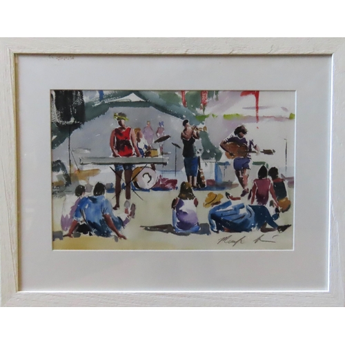 455 - MARILYN ALLIS (XX-XXI) WATER COLOUR OF LIVE BAND AND AUDIENCE, signed in lower right corner, glazed ... 