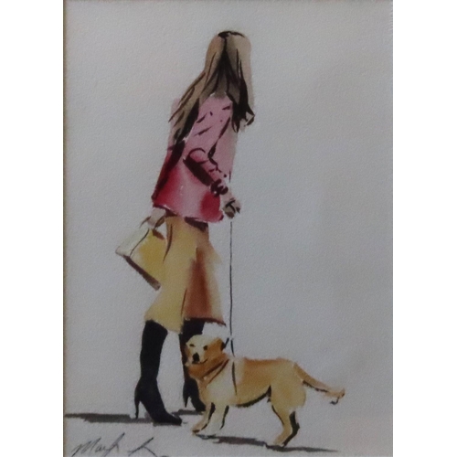 458 - MARILYN ALLIS (XX-XXI) WATER COLOUR OF LADY WALKING DOG, signed in lower left corner, glazed and fra... 