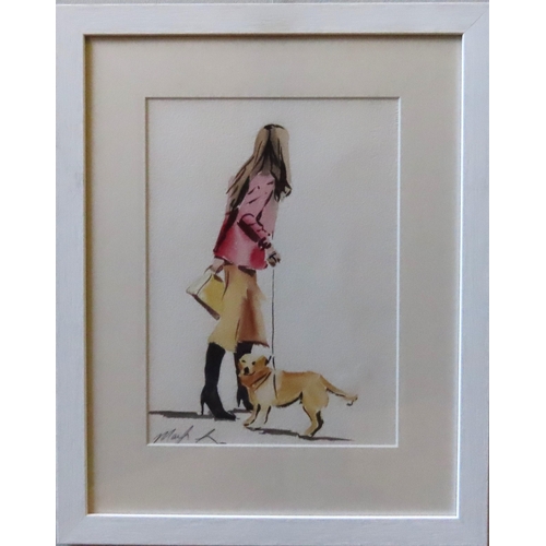 458 - MARILYN ALLIS (XX-XXI) WATER COLOUR OF LADY WALKING DOG, signed in lower left corner, glazed and fra... 