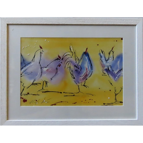 464 - MARILYN ALLIS (XX-XXI) WATER COLOUR OF FOUR HENS, signed in lower left corner, glazed and framed35 x... 