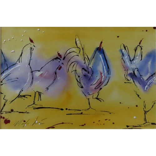 464 - MARILYN ALLIS (XX-XXI) WATER COLOUR OF FOUR HENS, signed in lower left corner, glazed and framed35 x... 