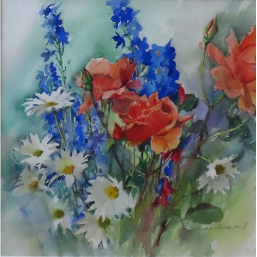 459 - CARRIE DIAMOND (b. 1930) WATERCOLOUR OF ROSES & DELPHINIUMS, signed in lower right corner32 x 32... 