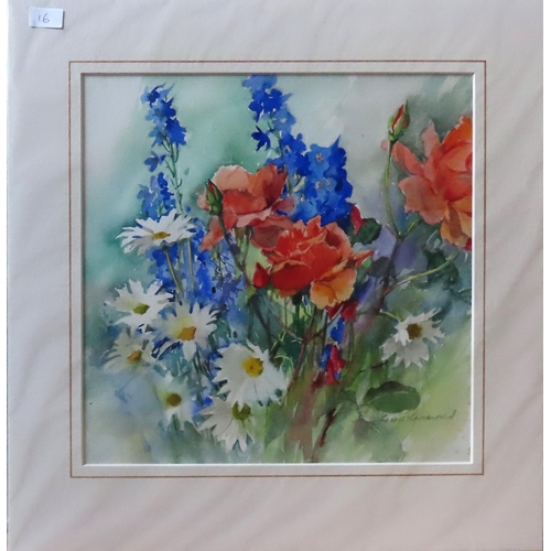 459 - CARRIE DIAMOND (b. 1930) WATERCOLOUR OF ROSES & DELPHINIUMS, signed in lower right corner32 x 32... 