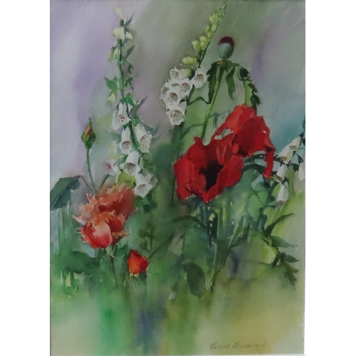 461 - CARRIE DIAMOND (b.1930) WATER COLOUR OF FOX GLOVES AND ROSES, signed in lower right corner, glazed a... 