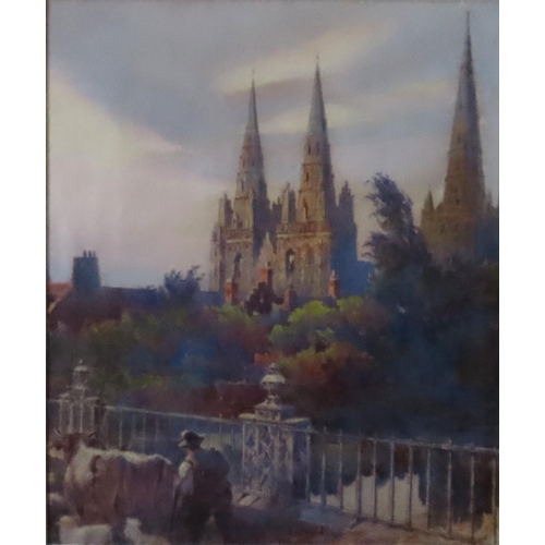 500 - A WATERCOLOUR OF LICHFIELD CATHEDRAL, signed F. Evans along bottom edge, glazed and framed37.5 x 31 ... 