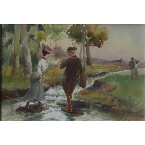 449 - EDMUND GEORGE FULLER (1858-1944) 'CROSSING THE STREAM' WATER COLOUR, signed in lower right corner, g... 