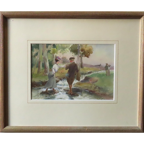 449 - EDMUND GEORGE FULLER (1858-1944) 'CROSSING THE STREAM' WATER COLOUR, signed in lower right corner, g... 