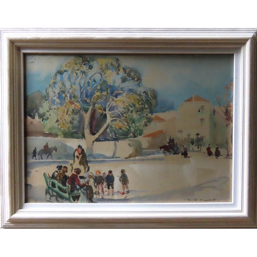 528 - A.H KNIGHTON-HAMMOND (1875-1970) WATERCOLOUR OF FIGURES IN MARKET SQUARE, SAN REMO, signed in lower ... 