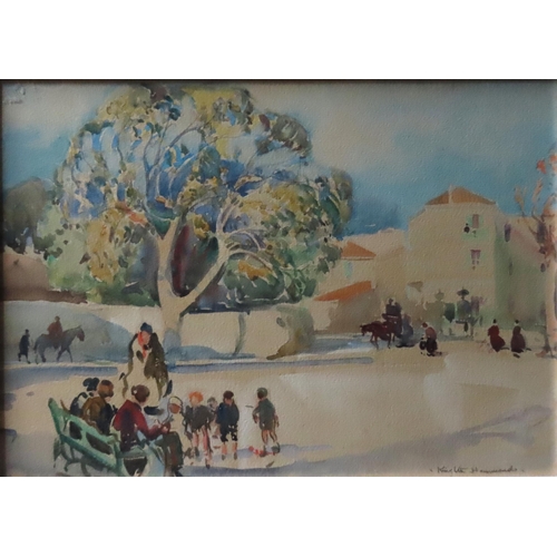 528 - A.H KNIGHTON-HAMMOND (1875-1970) WATERCOLOUR OF FIGURES IN MARKET SQUARE, SAN REMO, signed in lower ... 