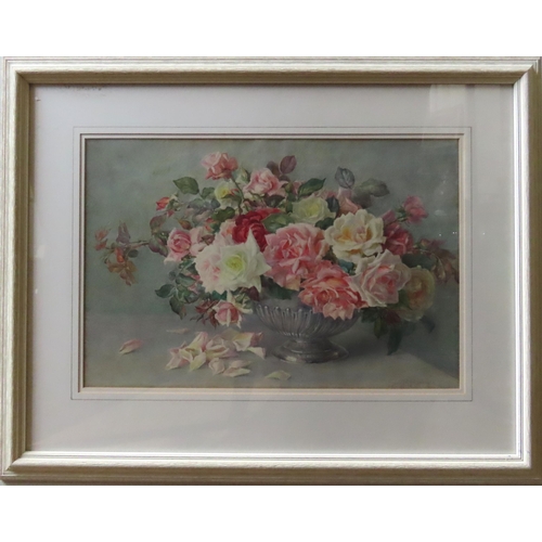 479 - EDITH MARGARET HARMS (1870-1943) STILL LIFE WATER COLOUR OF ROSES, signed in lower right corner, gla... 