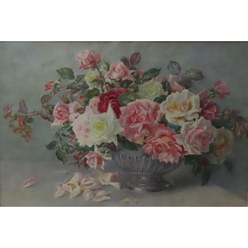 479 - EDITH MARGARET HARMS (1870-1943) STILL LIFE WATER COLOUR OF ROSES, signed in lower right corner, gla... 