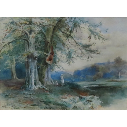 480 - FREDERICK HINES (act. 1875-1928) WATER COLOUR OF FIGURES BY A LAKE, signed in lower left corner, gla... 