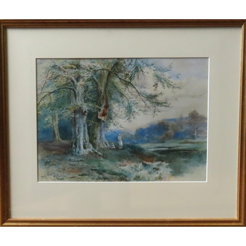 480 - FREDERICK HINES (act. 1875-1928) WATER COLOUR OF FIGURES BY A LAKE, signed in lower left corner, gla... 