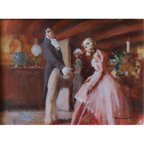 451 - FRED LAURENT (1922-1995) ACRYLIC PAINTING ON BOARD OF COURTING COUPLE, in a kitchen interior, signed... 