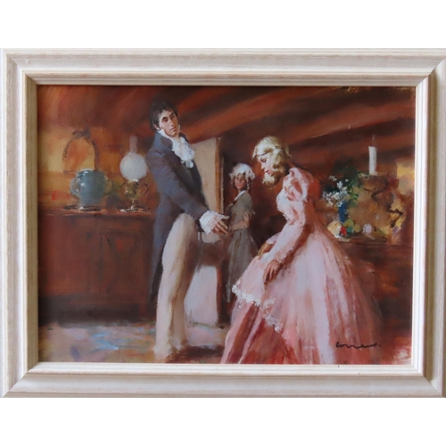 451 - FRED LAURENT (1922-1995) ACRYLIC PAINTING ON BOARD OF COURTING COUPLE, in a kitchen interior, signed... 