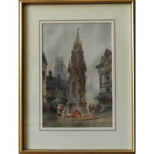 495 - PAUL MARNY (1829-1914) WATER COLOUR OF ROUEN STREET SCENE, signed in lower left corner, glazed and f... 