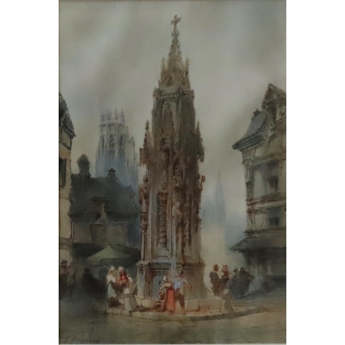 495 - PAUL MARNY (1829-1914) WATER COLOUR OF ROUEN STREET SCENE, signed in lower left corner, glazed and f... 