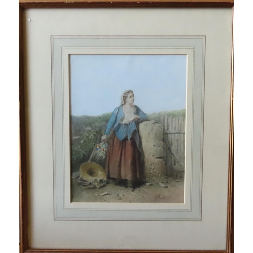 514 - FERDINAND MAROHN (act. 1839-1865) WATER COLOUR OF A COUNTRY GIRL, depicted leaning on a wall with wi... 