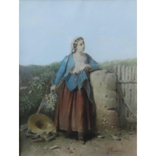 514 - FERDINAND MAROHN (act. 1839-1865) WATER COLOUR OF A COUNTRY GIRL, depicted leaning on a wall with wi... 