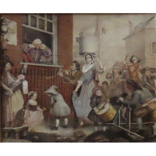 465 - MANNER OF HOGARTH, 'THE DESPAIRING MUSICIAN' WATER COLOUR/PAPER, depicting a chaotic street scene, m... 