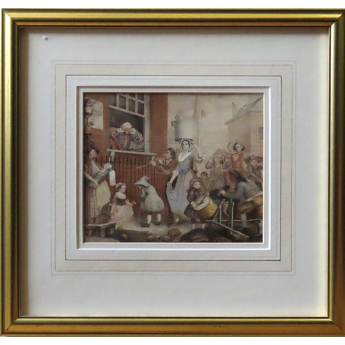 465 - MANNER OF HOGARTH, 'THE DESPAIRING MUSICIAN' WATER COLOUR/PAPER, depicting a chaotic street scene, m... 