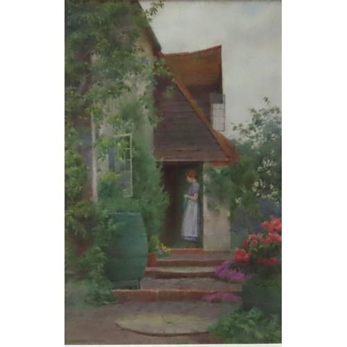 448 - LANGLEY THORNE (b.19TH CENTURY) WATER COLOUR OF YOUNG LADY, depicted standing in the doorway of a co... 