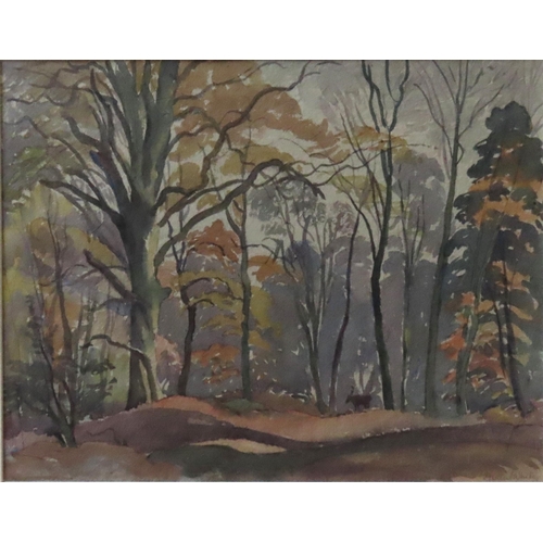 526 - ETHELBERT WHITE (1891-1972) WATER COLOUR OF STAG IN WOODLAND, signed in lower right corner, glazed a... 