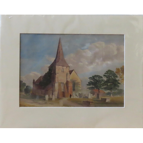 472 - A 19TH CENTURY ENGLISH SCHOOL WATERCOLOUR OF CHURCH, with a figure in the churchyard and the masts o... 