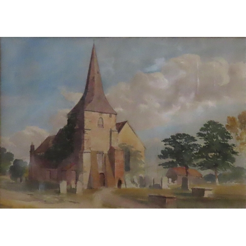 472 - A 19TH CENTURY ENGLISH SCHOOL WATERCOLOUR OF CHURCH, with a figure in the churchyard and the masts o... 