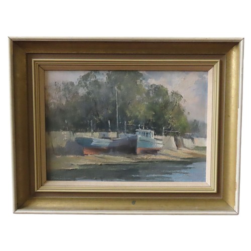 485 - FISHING BOATS AT LYMINGTON, OIL PAINTING ON CANVASIndistinctly signed lower left.Inscribed label ver... 