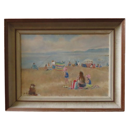 487 - C.H.BAGNOLI, BEACH SCENE, OIL ON CANVASContemporary beach scene with families and windbreaks on a sa... 