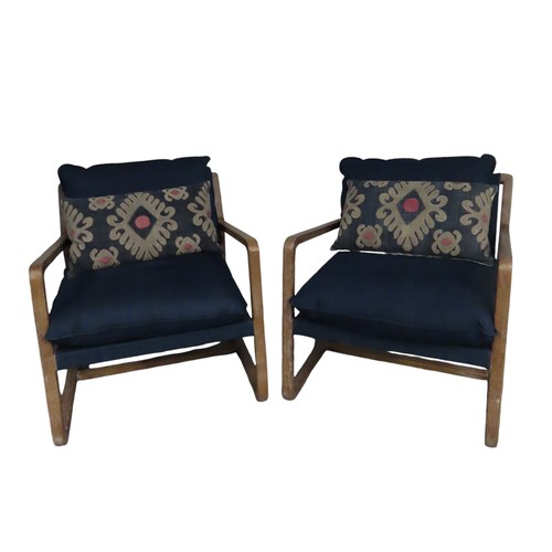 79 - PAIR OF CONTEMPORARY WOODEN ARMCHAIRS WITH BLUE SLING STYLE CANVAS SEAT Width 71cm x Height 75cm x D... 