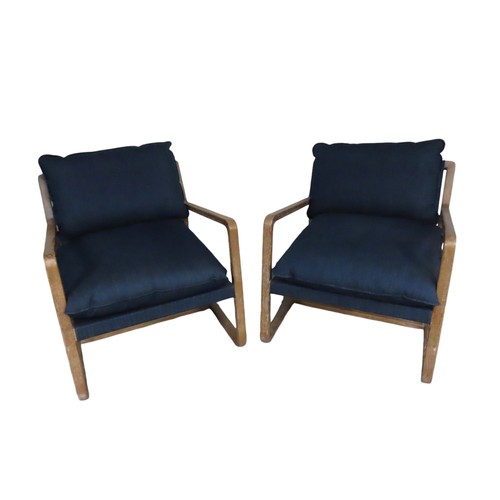 79 - PAIR OF CONTEMPORARY WOODEN ARMCHAIRS WITH BLUE SLING STYLE CANVAS SEAT Width 71cm x Height 75cm x D... 