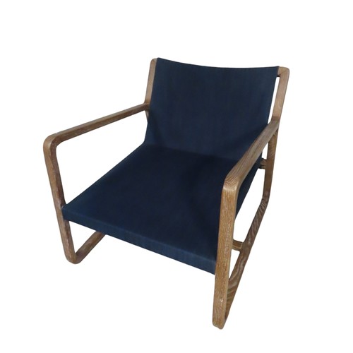 79 - PAIR OF CONTEMPORARY WOODEN ARMCHAIRS WITH BLUE SLING STYLE CANVAS SEAT Width 71cm x Height 75cm x D... 