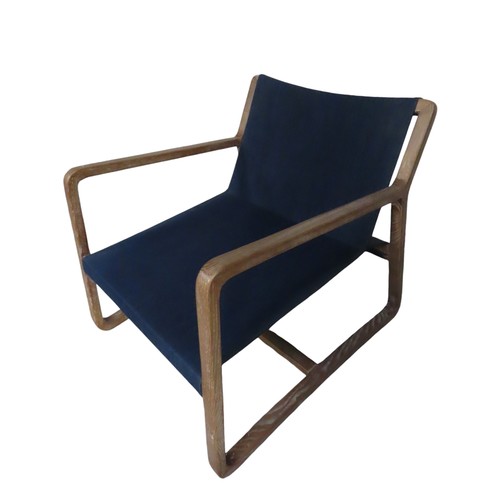 79 - PAIR OF CONTEMPORARY WOODEN ARMCHAIRS WITH BLUE SLING STYLE CANVAS SEAT Width 71cm x Height 75cm x D... 